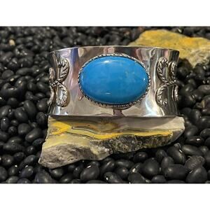 Sterling Silver Blue Turquoise Cab Wide Stacker Cuff Bracelet Braided .925 china